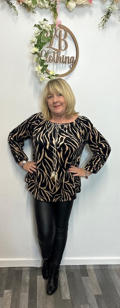 Verity Off The Shoulder Velour Animal Printed Top