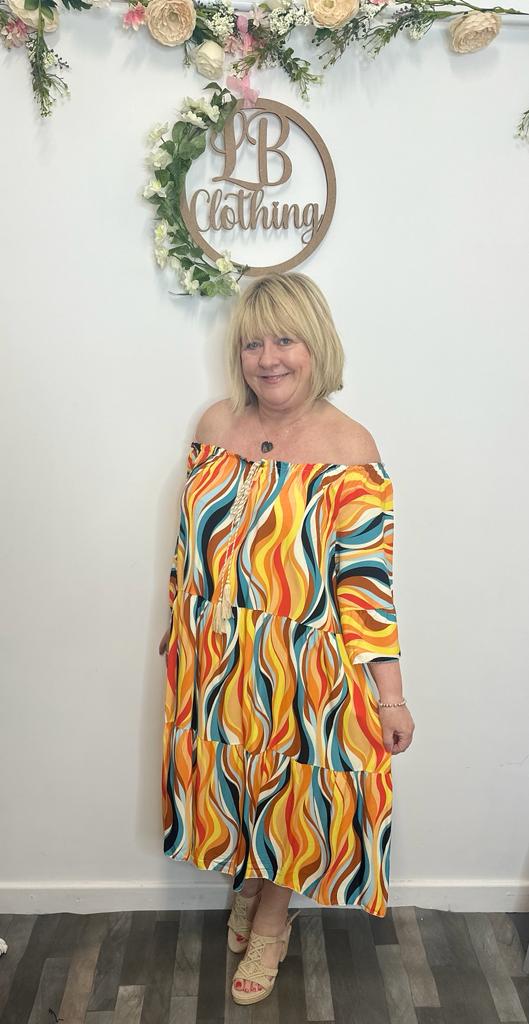 Joanna Swirl Print Bardot Gypsy Dress - LB Boutique