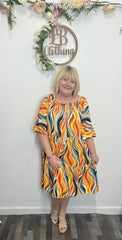 Joanna Swirl Print Bardot Gypsy Dress - LB Boutique