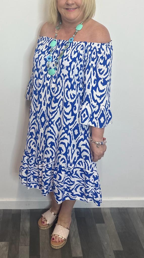 Angie Abstract Print Bardot Dress - LB Boutique