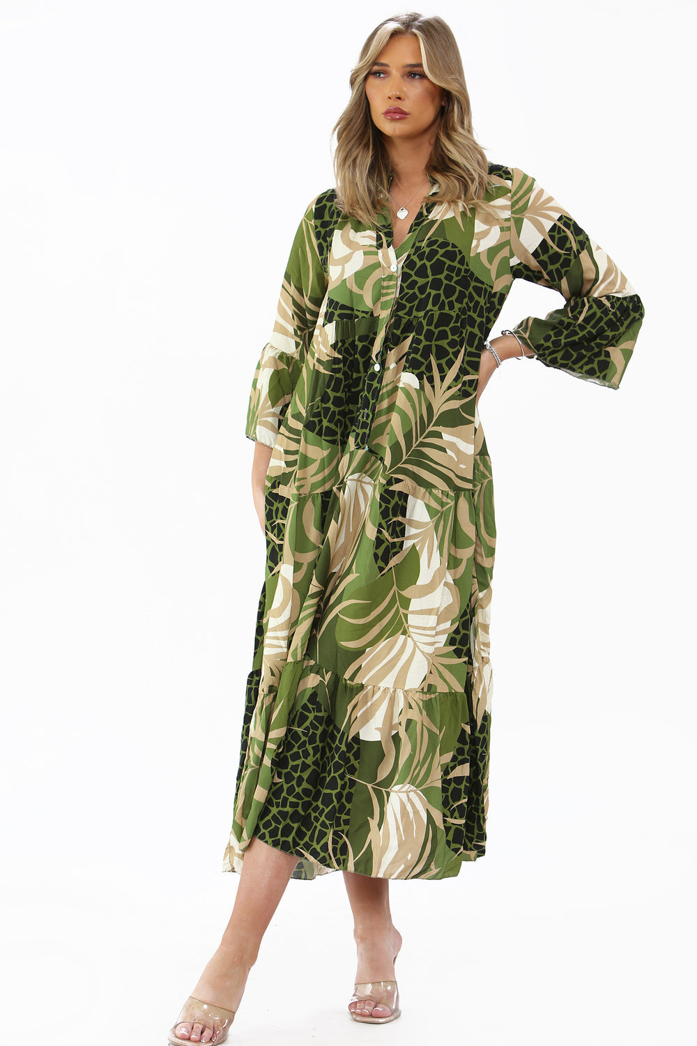 Stephanie Palm Print Smock Maxi Dress - LB Clothing