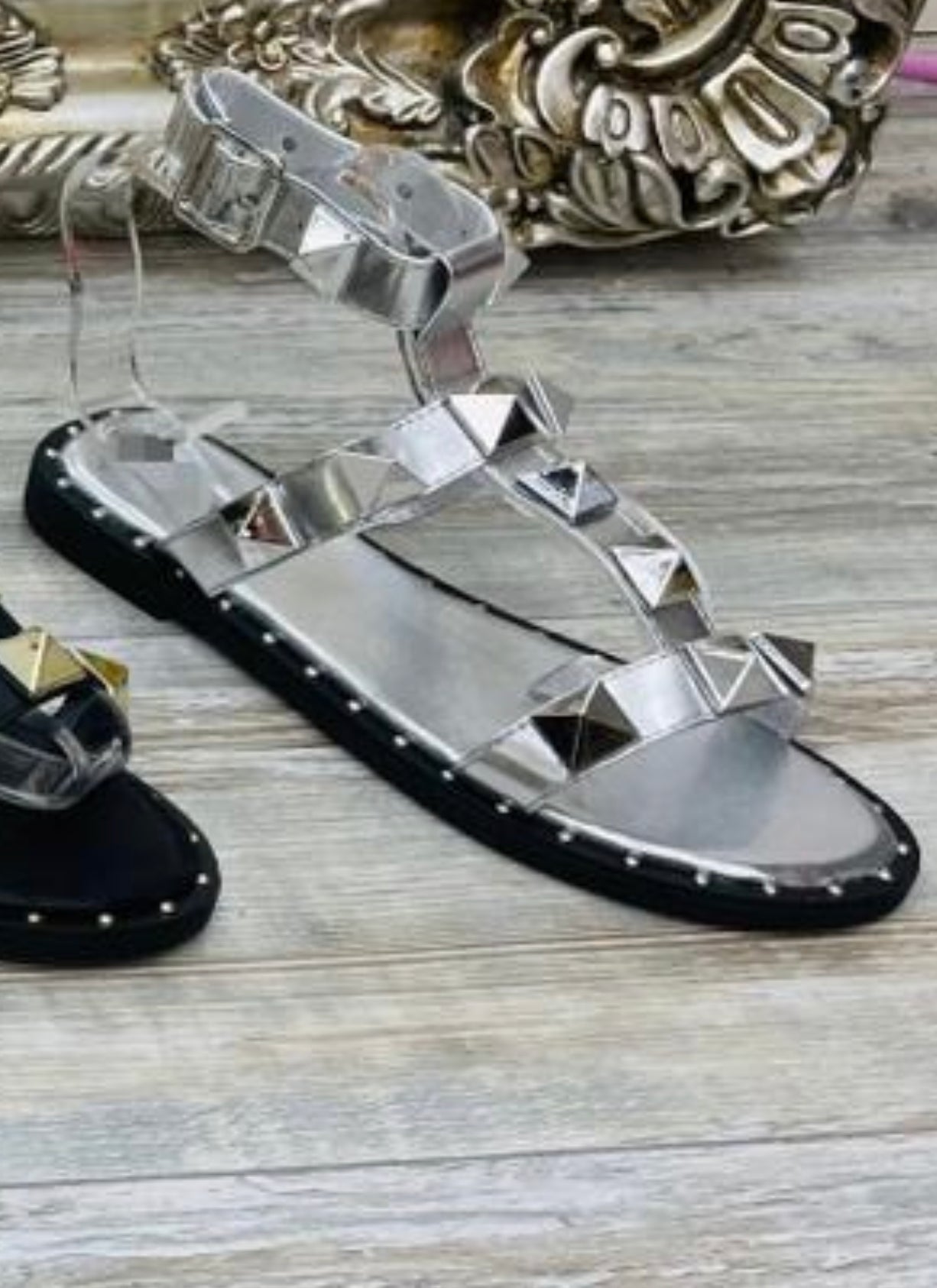 Dafnee Silver Stud Detail Sandals - LB Clothing
