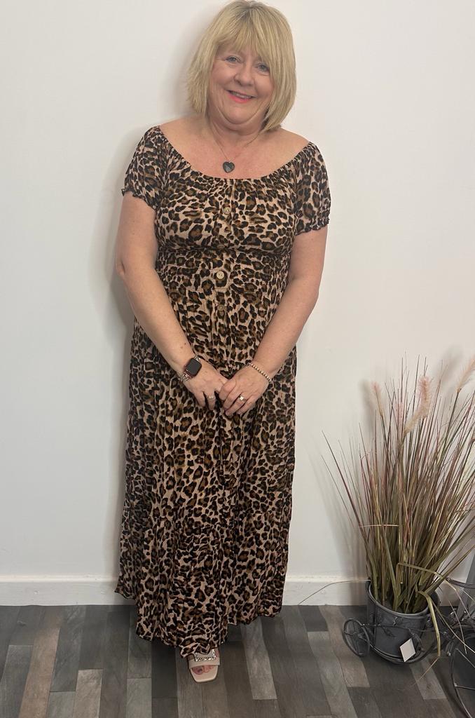 Marie Leopard Print Bardot Maxi Dress