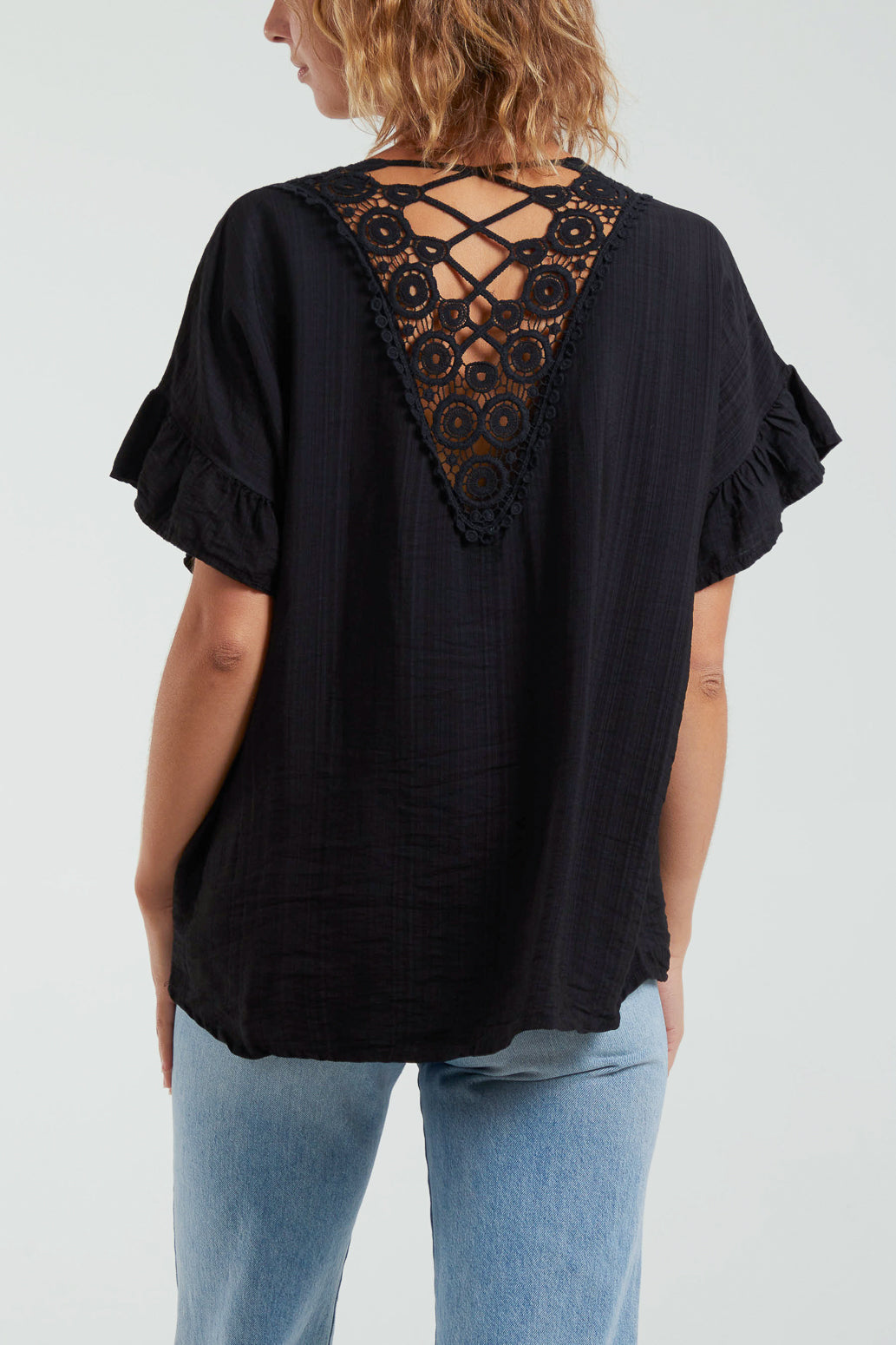 Kirsty Frill Sleeve Crochet Back Criss-Cross Necklace Top