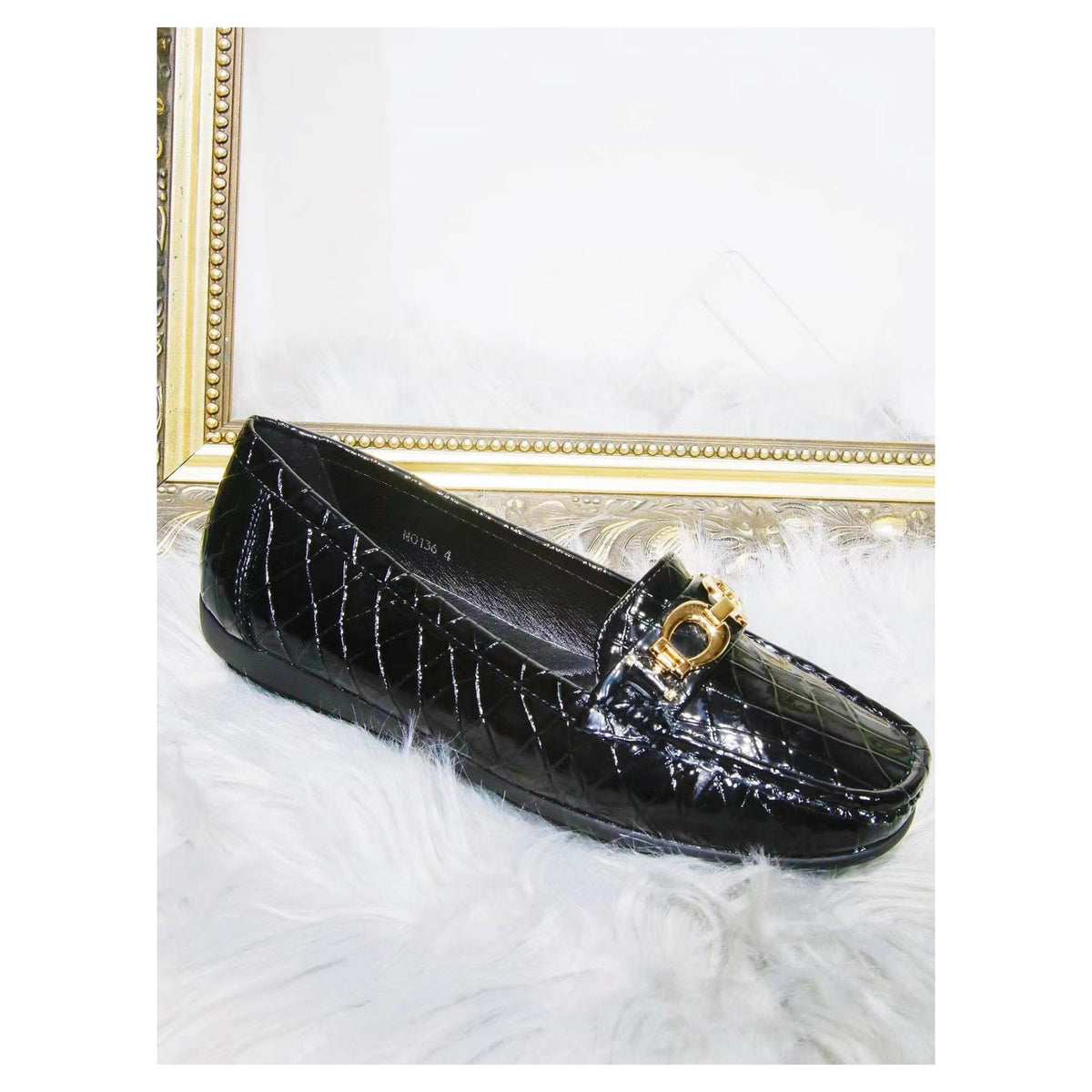 Nicole Patent Crocodile Effect Detail Loafers - LB Clothing