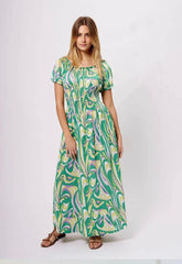 Shauni Swirl Print Bardot Maxi Dress